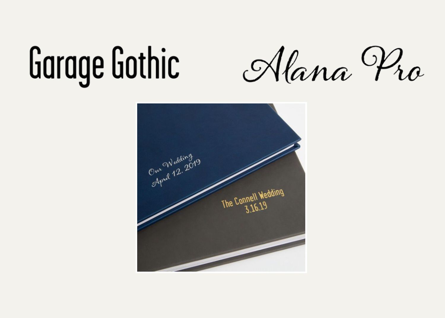 Typography sample showing Garage Gothic and Alana Pro fonts on navy background.