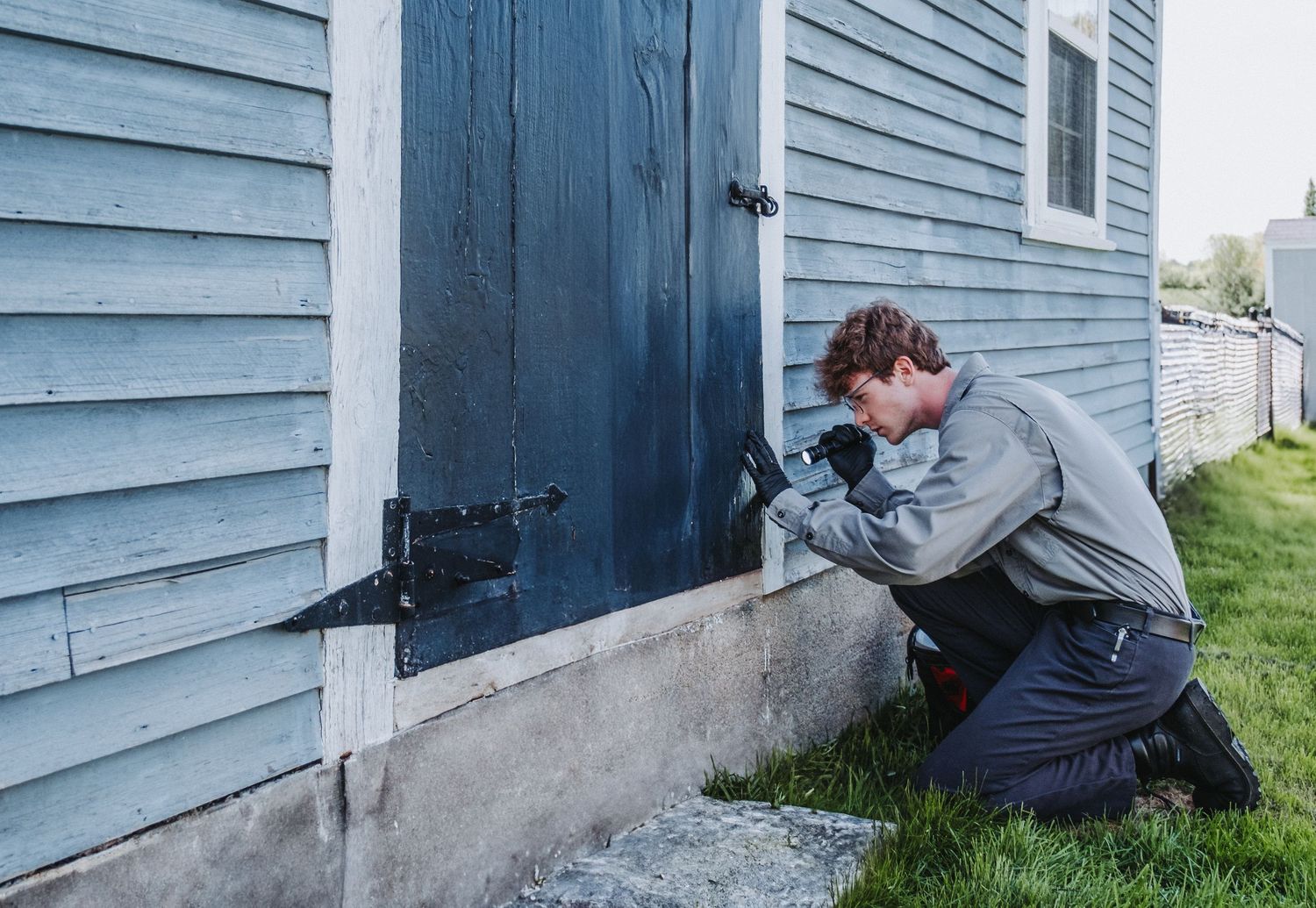 A Modern Pest Control employee crouches down next to blue siding, looking through a dark wooden door with black hinges.