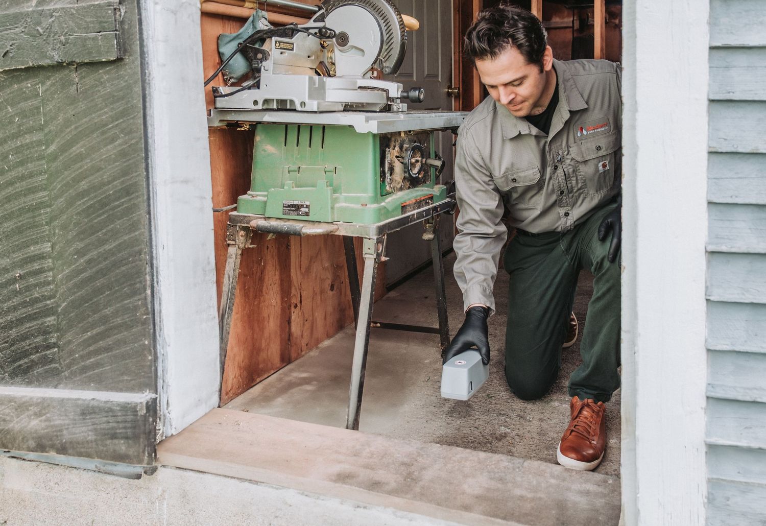 A Modern Pest Control employee is kneeling by a vintage green table saw setup in a workshop doorway near siding.