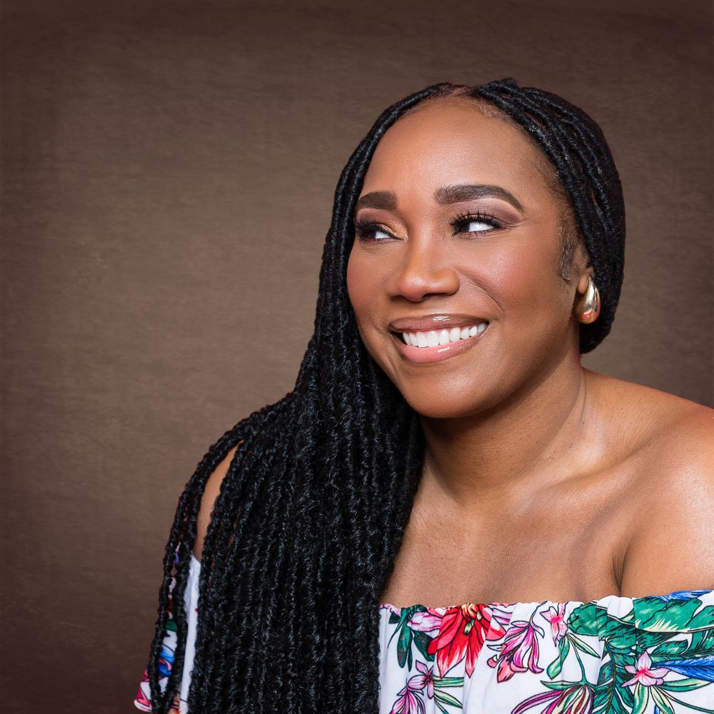 Professional studio portraits showing bright smiles and elegant poses against a dark brown background.