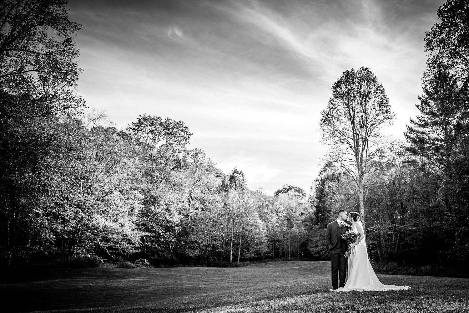 Romantic New England Fall wedding portrait alone in the forest