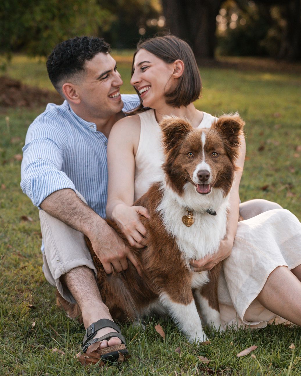 couple-looks-at-each-other-while-cuddeling-their-border-collie-puppy-during-an-engagement-photoshoot-in-sydney