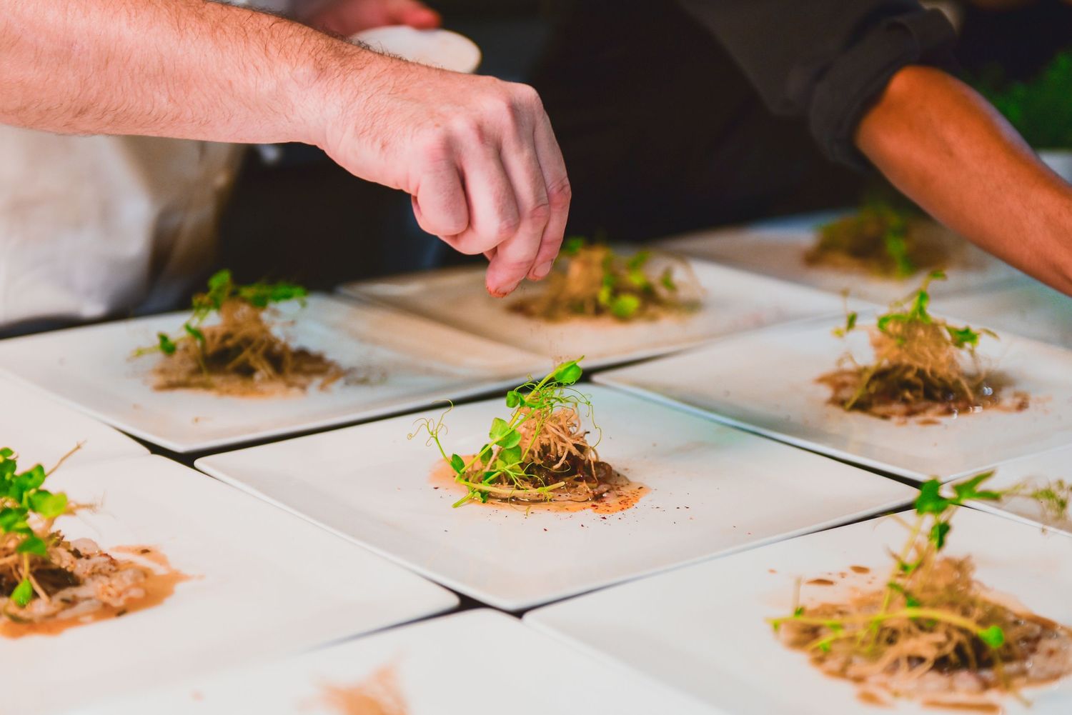 Chef plating multiple identical dishes with garnish in a commercial kitchen.