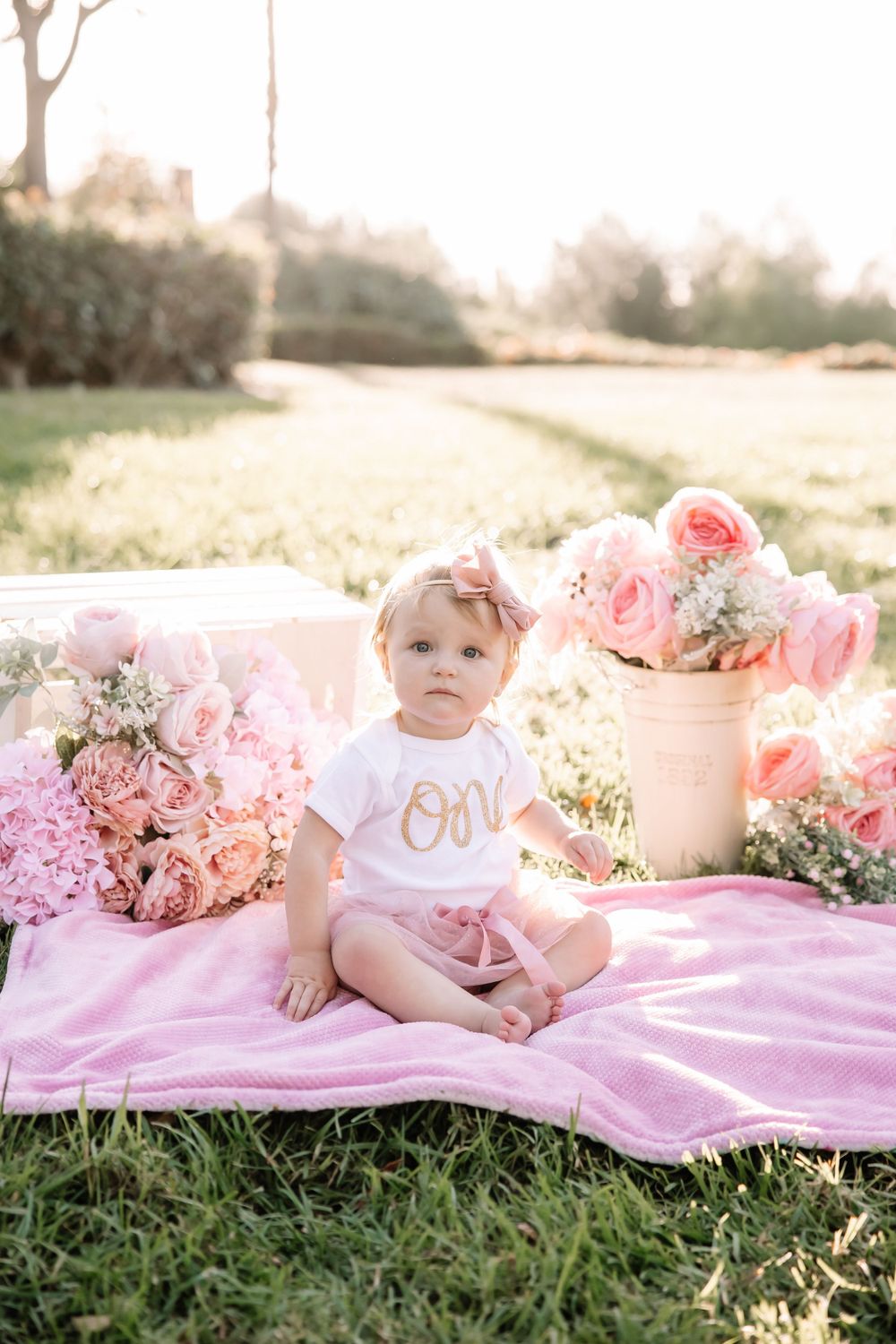 Baby in white 'ONE' onesie sits on pink blanket with roses in golden sunlight.