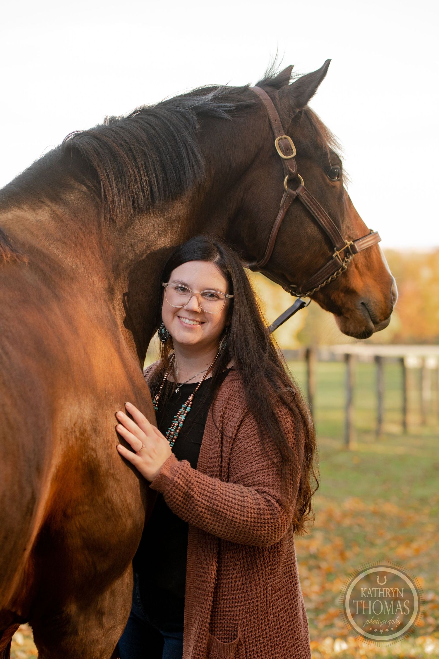 A stunning bay horse with dark mane poses with their companion during golden hour in autumn.