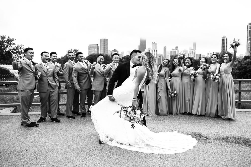 A black and white collage of wedding party photos showing celebrations and group poses outdoors at Lincoln Park in Chicago.