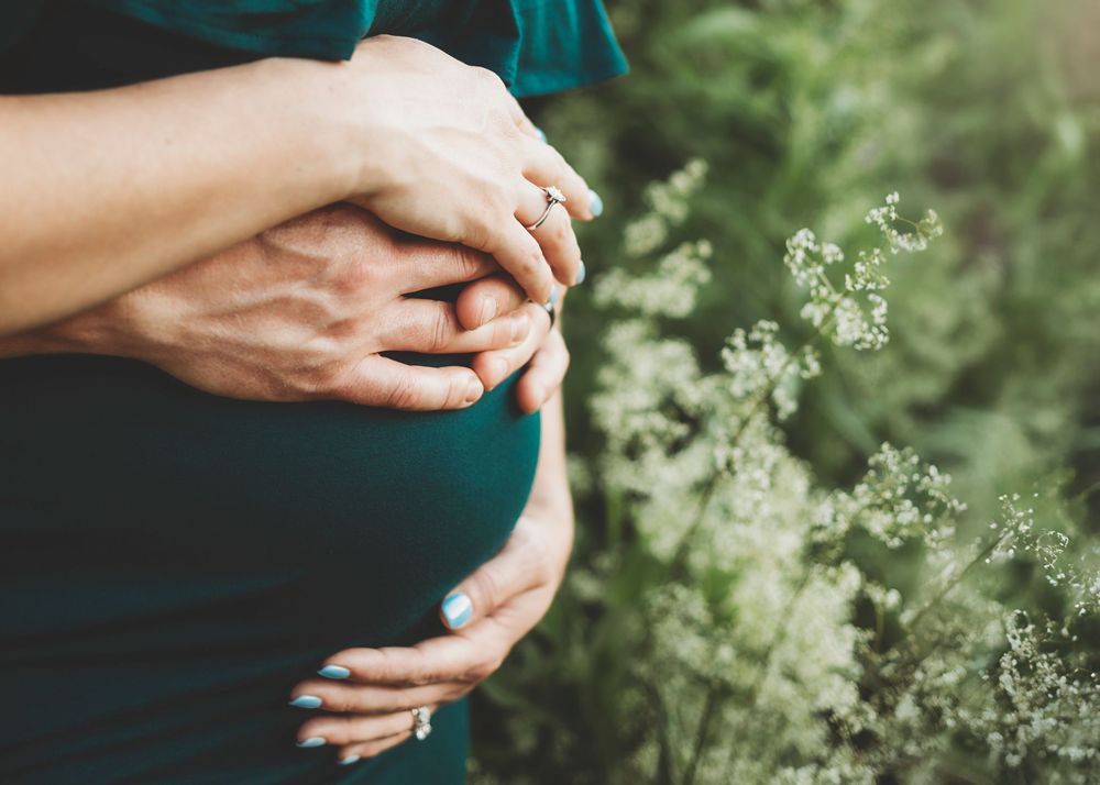 Artistic maternity photos showing hands on belly against green foliage.