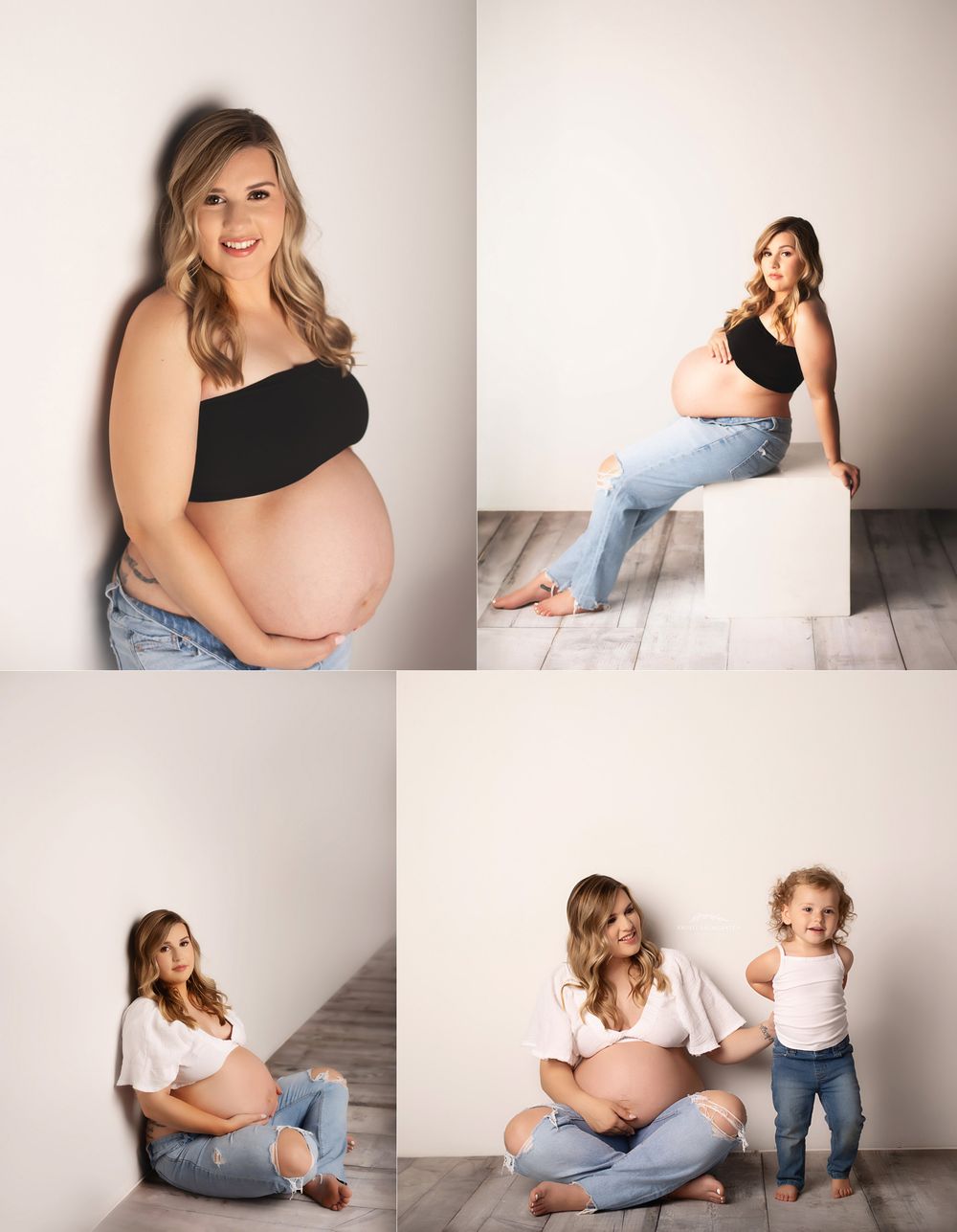 Collection of casual maternity studio portraits in jeans and black tops.