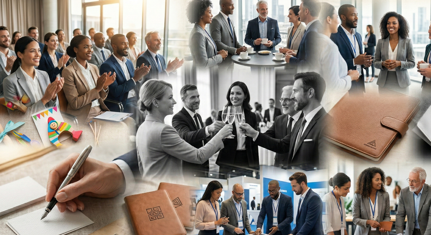 Diverse group of business professionals collaborating in modern office settings and meeting rooms.