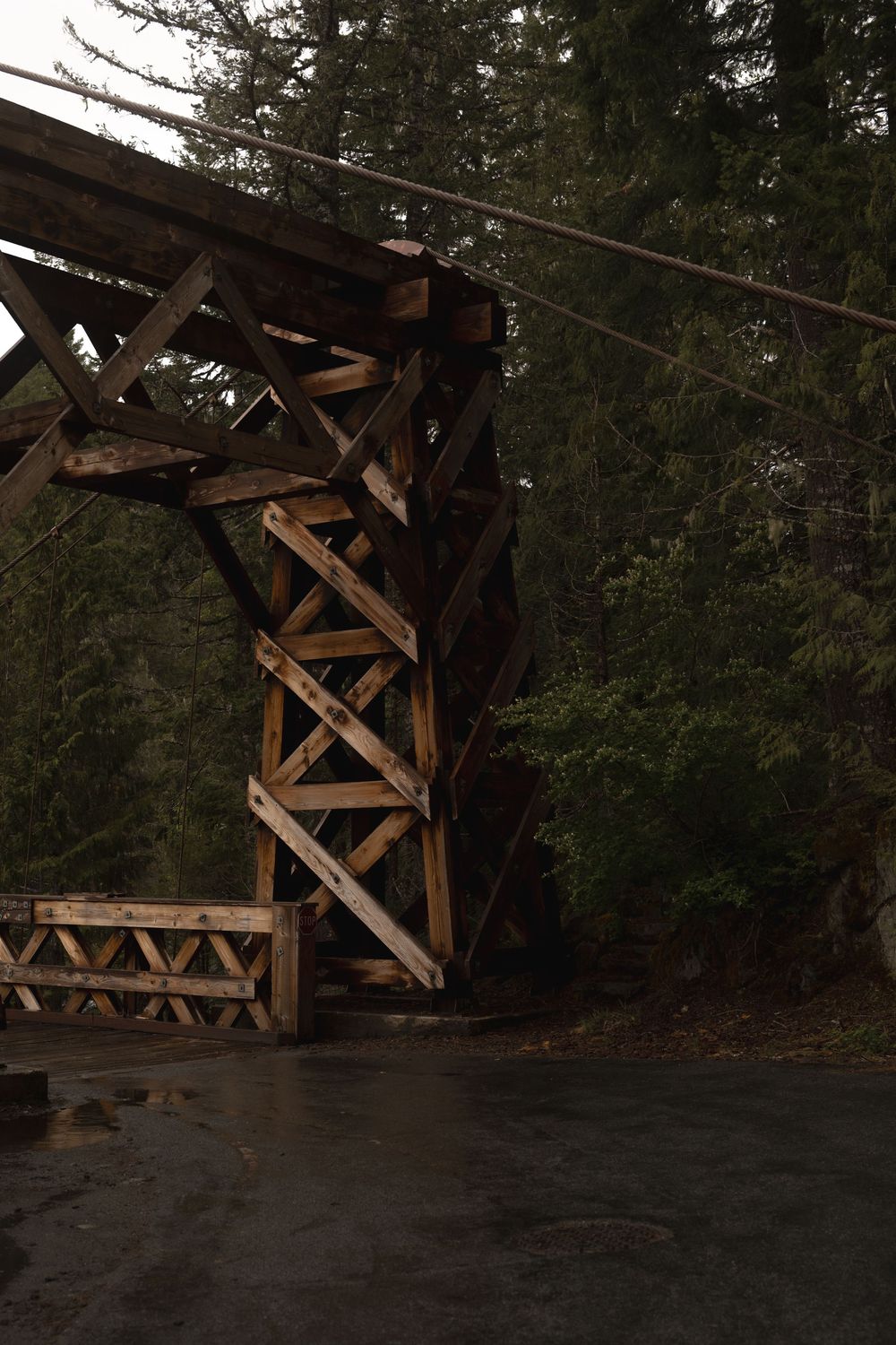 A rustic wooden bridge structure in a forest setting during twilight hours.
