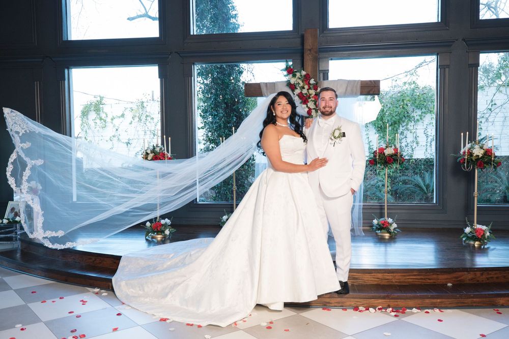 A sequence of wedding photos showing a flowing white dress and veil in motion against a dark interior setting.