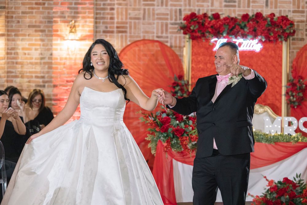 A wedding reception collage showing dance floor moments and decorations with red roses against brick walls.