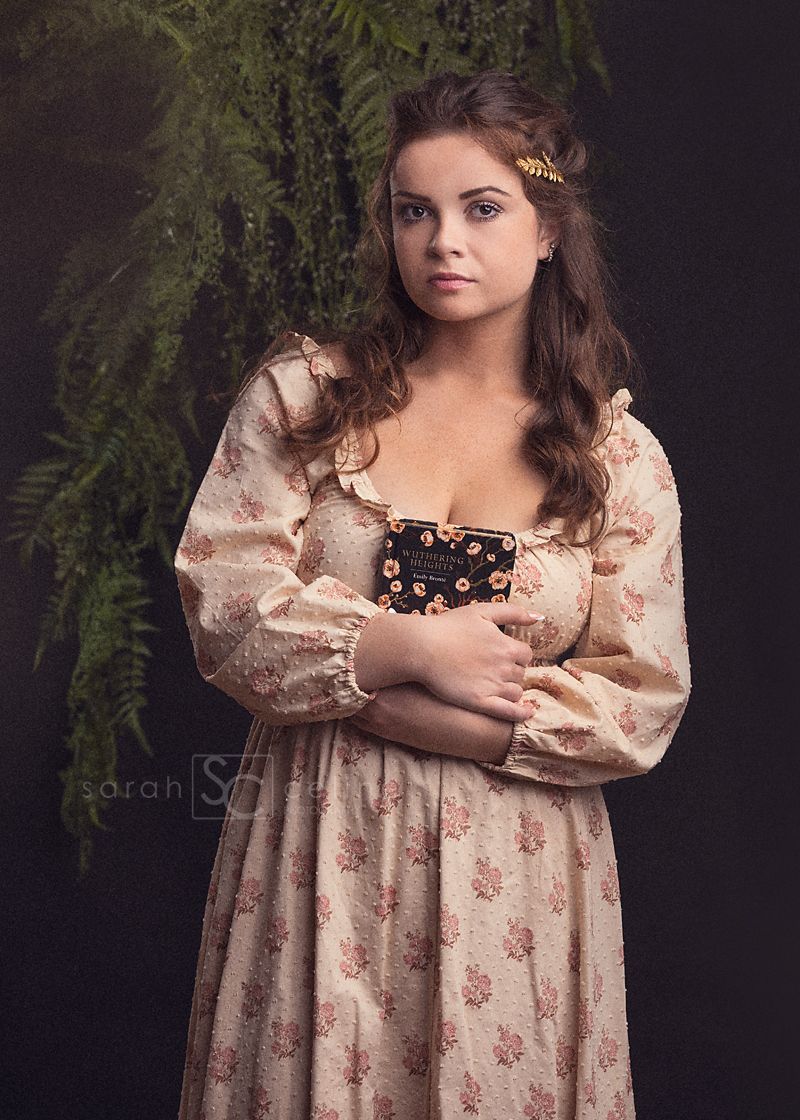 A series of vintage-inspired portraits showing a woman in a floral empire waist dress against a dark backdrop with ferns.