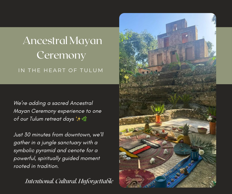 A series of promotional images showing Mayan ceremony experiences and cultural activities at a resort in Tulum, Mexico.
