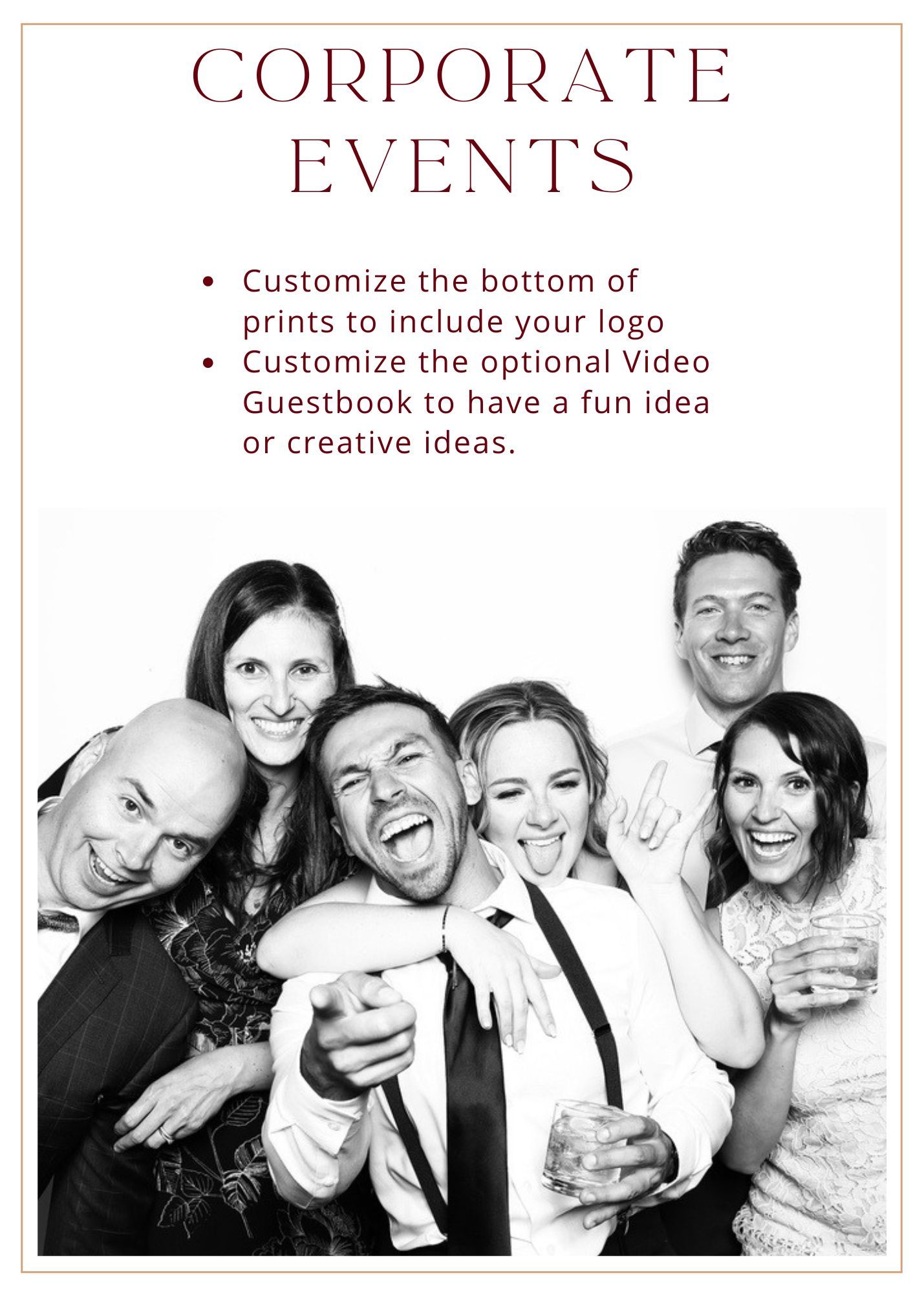 Black and white corporate events promotional image showing a group of people laughing and holding drinks at a party.
