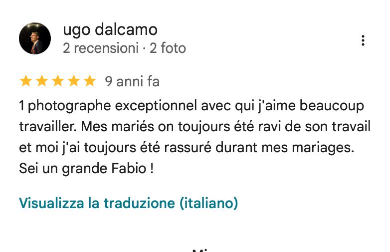 Feedback von Ugo Dalcamo: Ein außergewöhnlicher Fotograf. Meine Brautpaare sind immer begeistert von seiner professionellen Arbeit