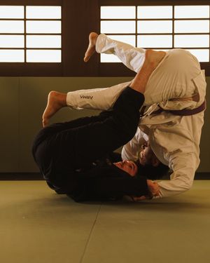 Students demonstrating aikido techniques in sequence on a training mat with Japanese-style windows.