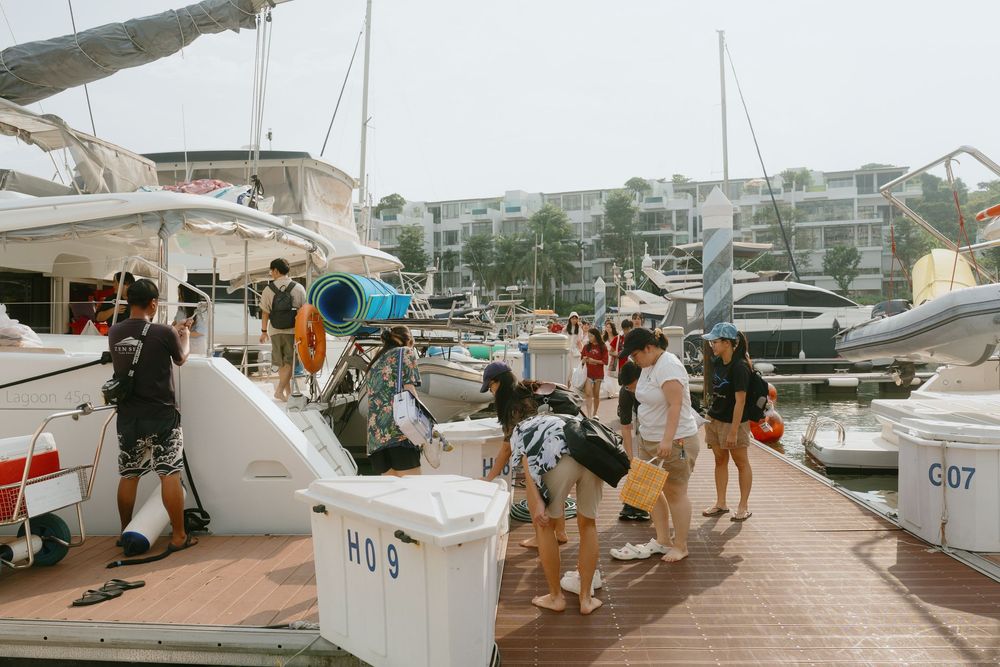 Group of people walking along a marina dock with boats and buildings visible in the background on a sunny day.