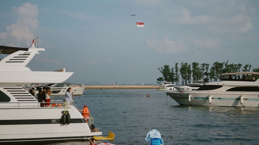 A series of boats and watercraft lined up in a marina with calm waters and clear skies in the background.