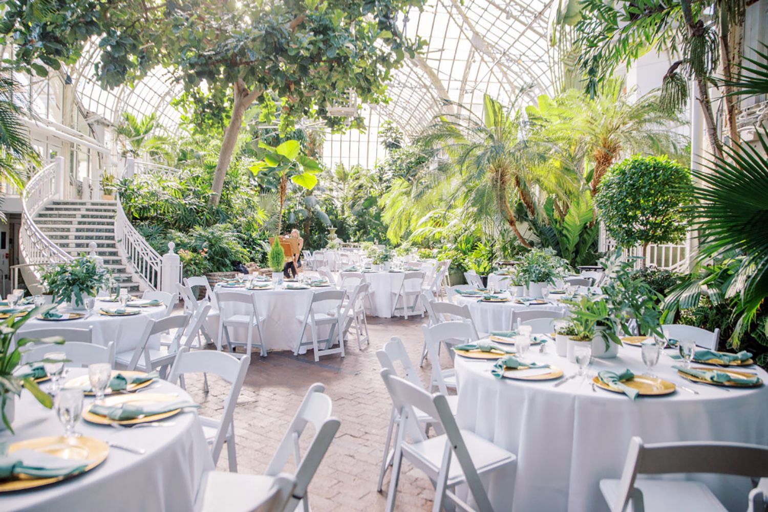 Franklin Park Conservatory & Botanical Gardens Elegant greenhouse reception venue with round tables set for a formal dinner celebration.