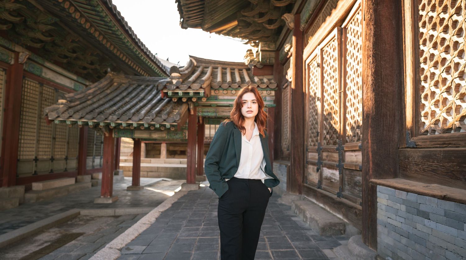 A panoramic view of traditional Korean palace architecture with ornate wooden buildings and decorative patterns.