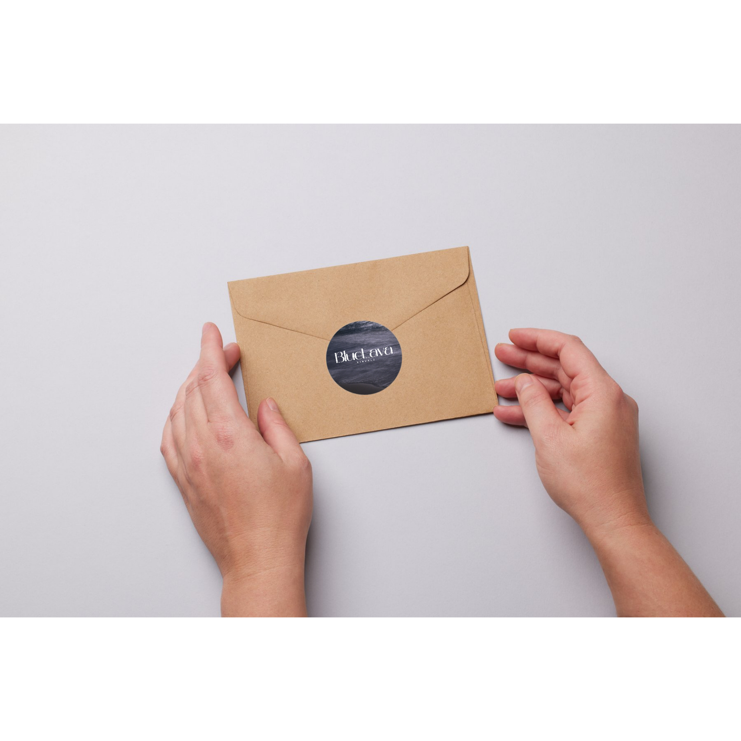 Hands opening a kraft paper envelope with black branding in a sequence of steps shown across multiple frames.
