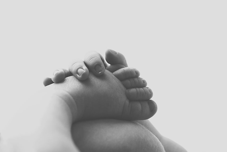 Close-up black and white photo of newborn baby feet on white background.