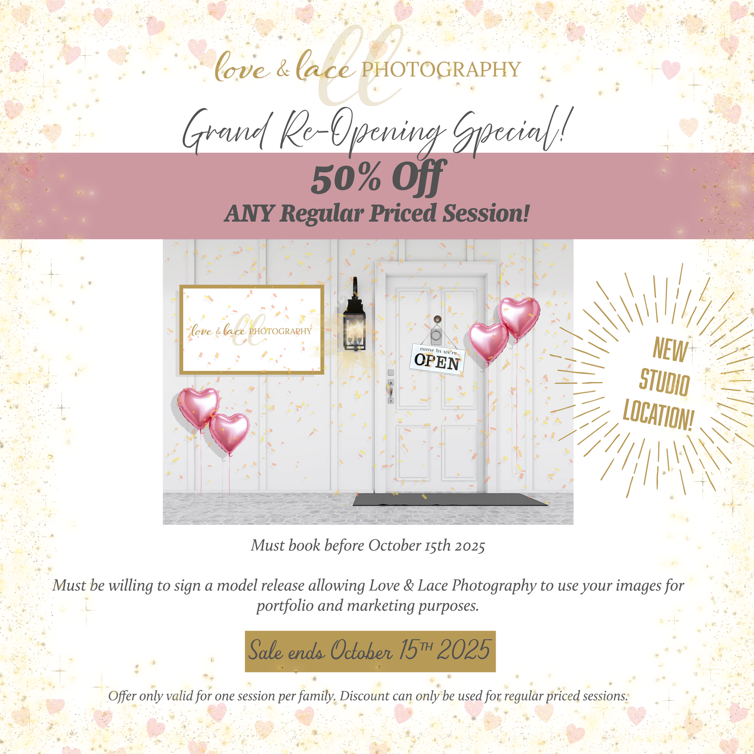 Collage of pink and gold photography business marketing materials showing pricing and session details.