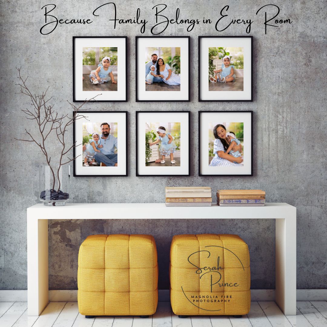 Modern living room wall gallery display with yellow ottoman seating and framed photos against concrete wall.