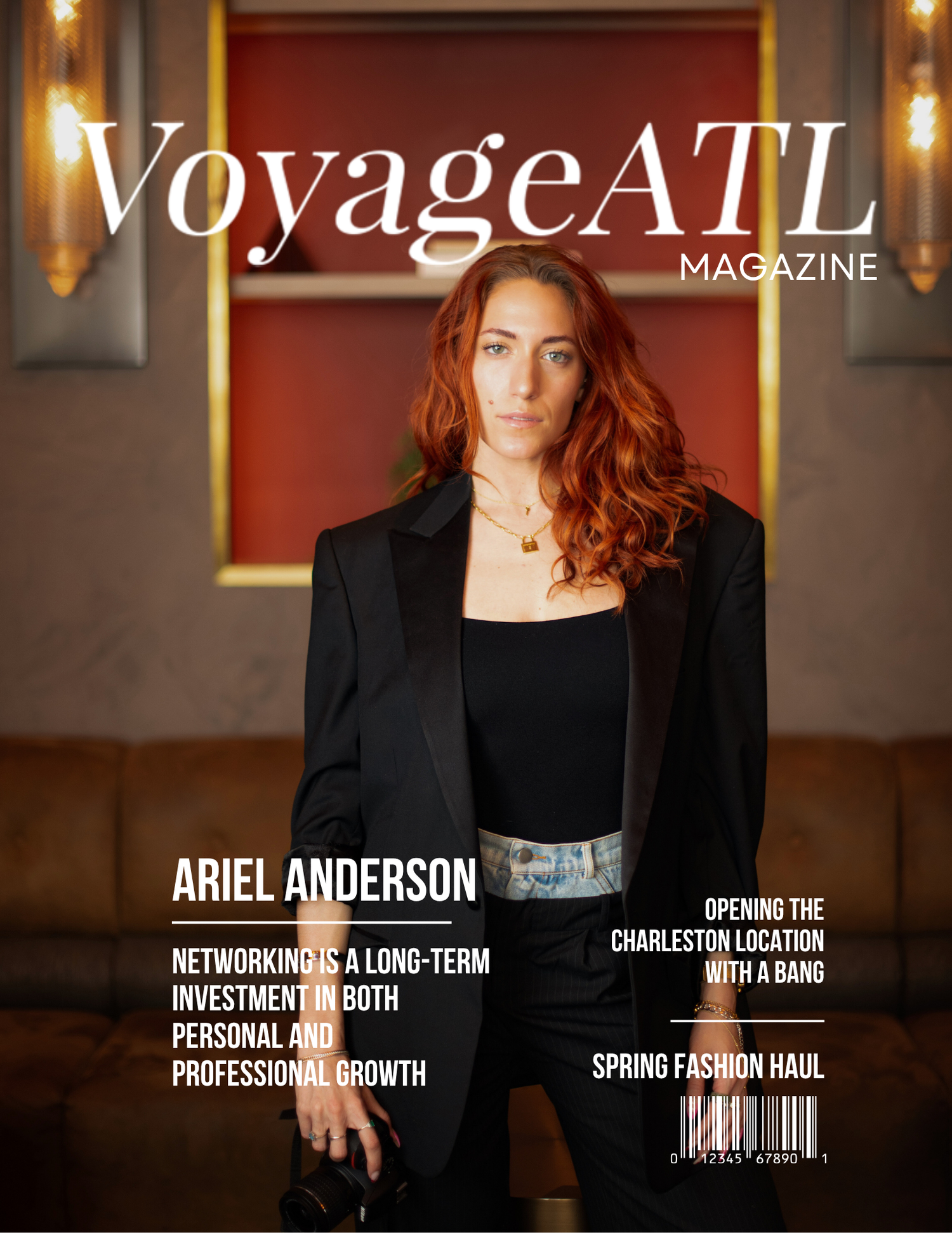 Professional magazine cover spread showing four variations of a dark business attire photo shoot against warm lighting.