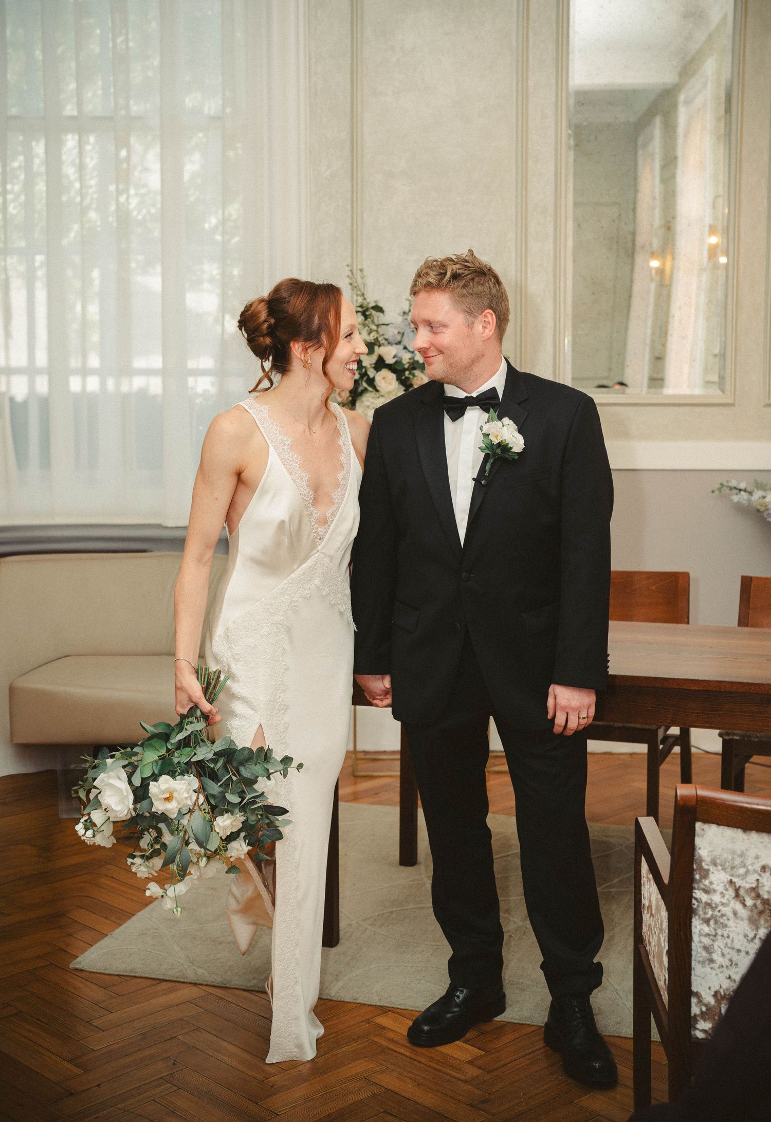 Wedding ceremony in Chelsea Town Hall, vintage wedding dress, wedding in pub