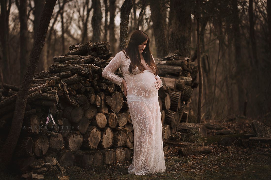 Maternity portrait in white gown in woods - Springfield Missouri Photographer