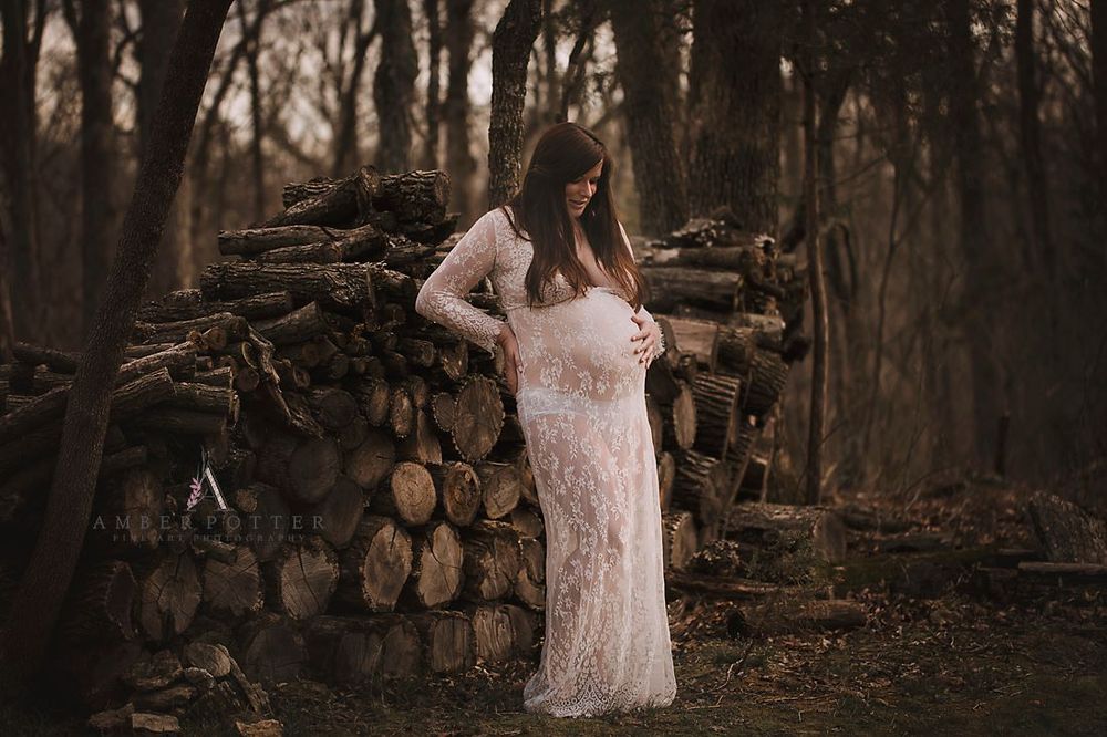 Maternity portrait in white gown in woods - Springfield Missouri Photographer