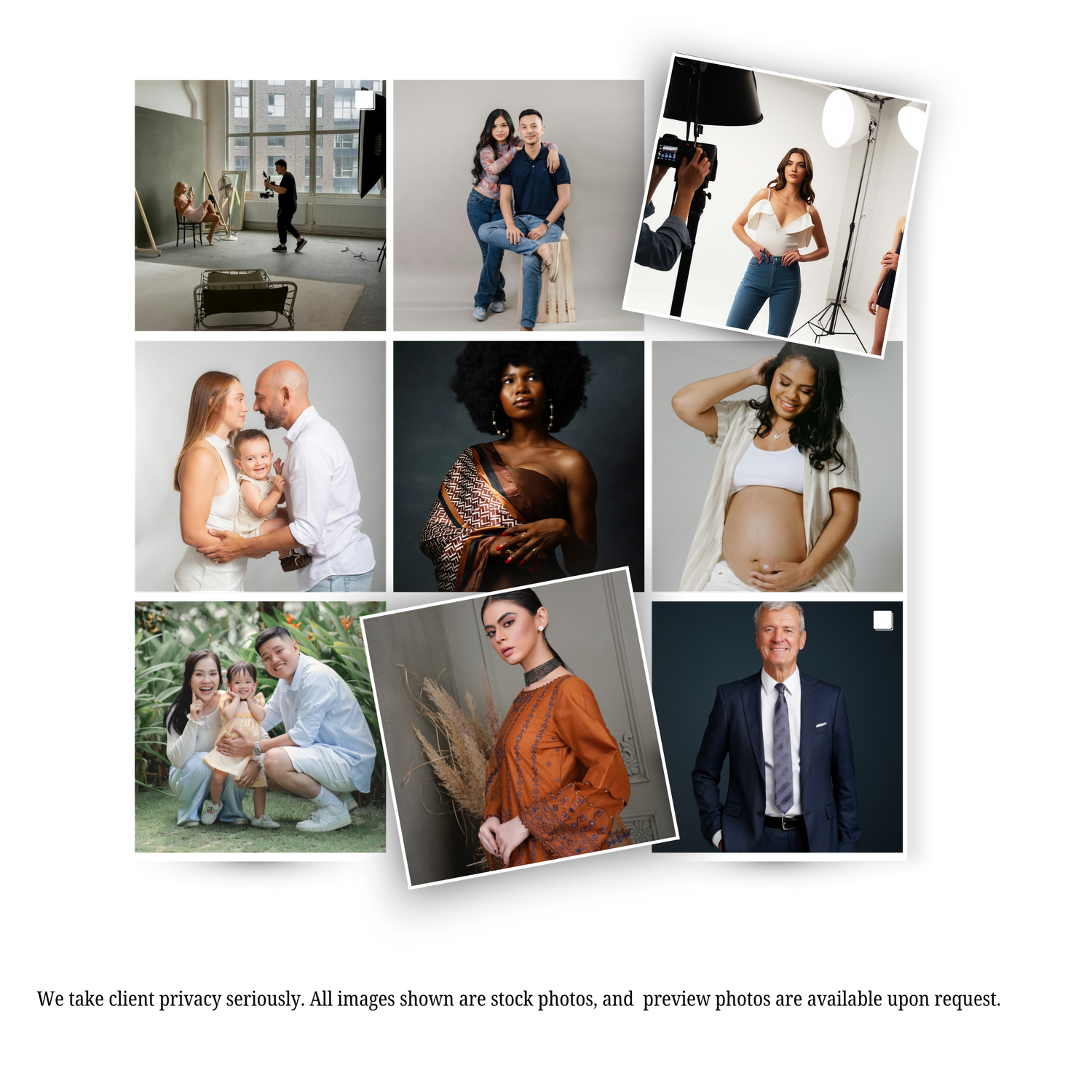 Studio and lifestyle portrait collection featuring maternity, professional, and casual photography.