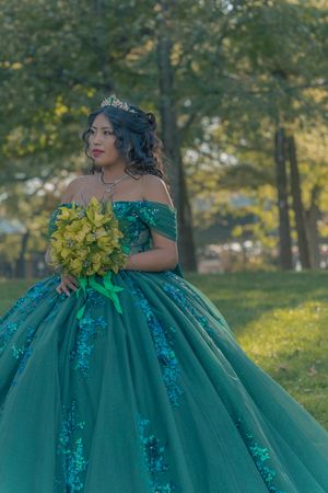 Flowing emerald green ball gown with beaded details photographed in park setting.