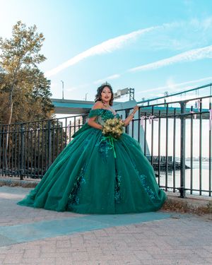 Luxurious emerald dress with full skirt photographed at scenic outdoor location near bridge.