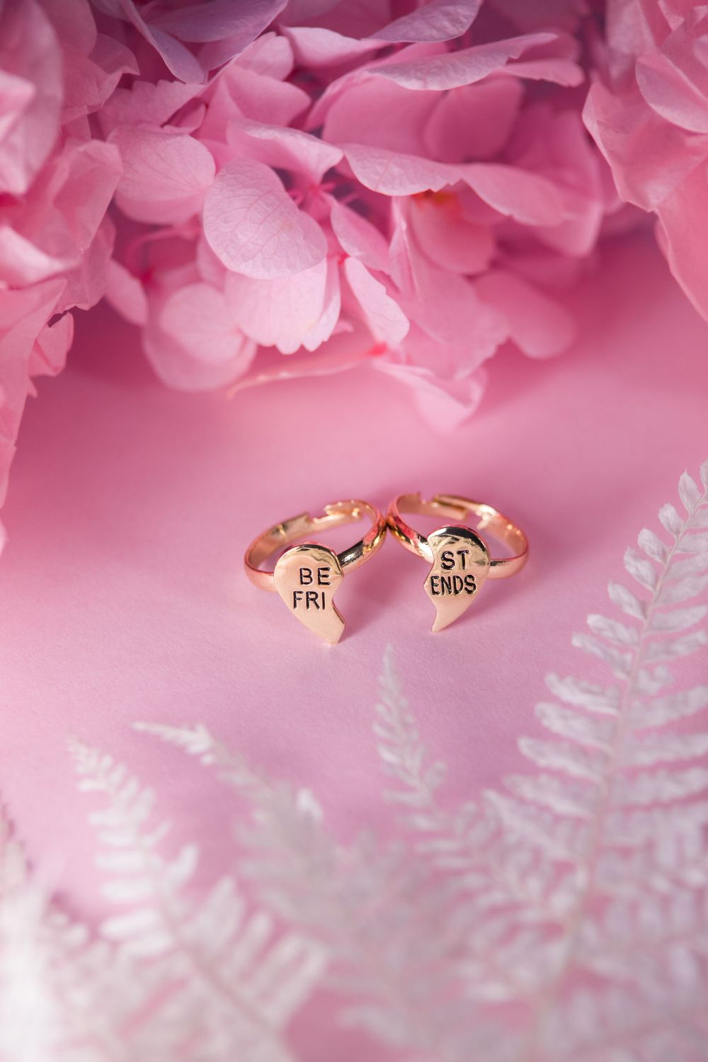 Best friends matching rings photographed on pink background with fern leaves.