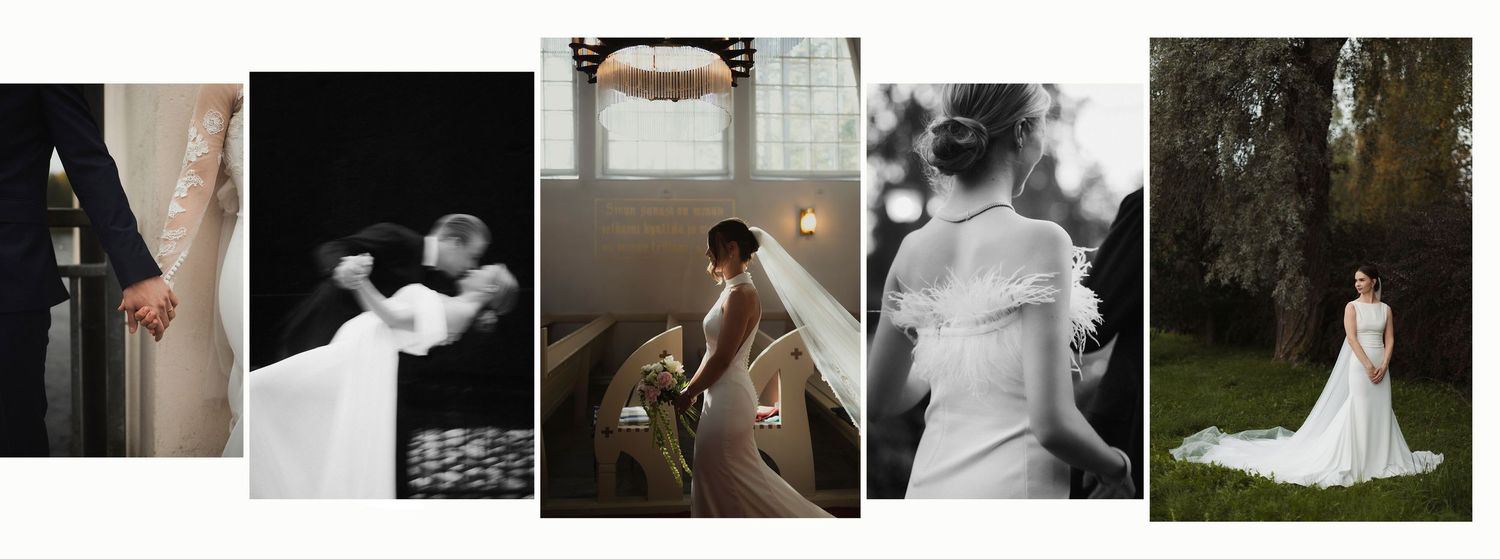 Wedding photo collage showing various romantic moments and dress details.