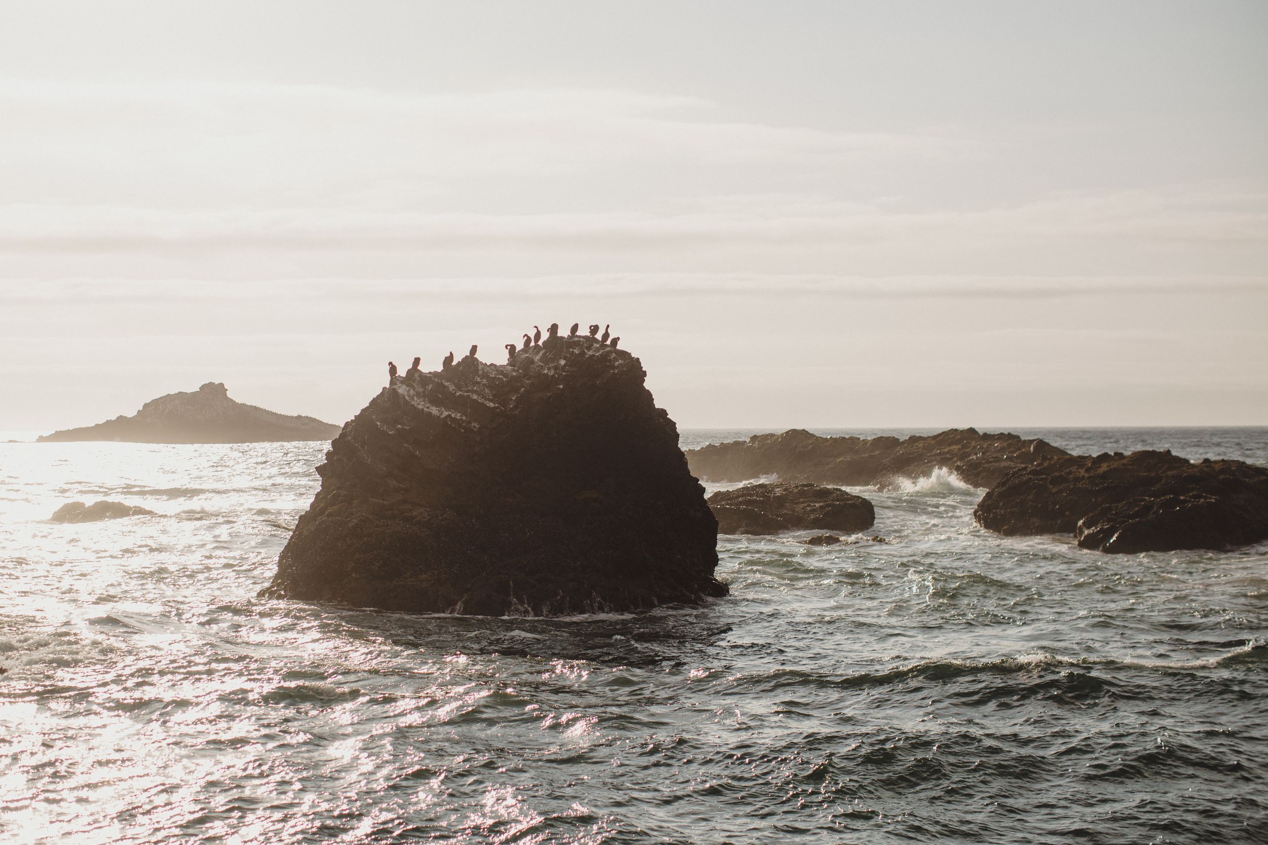 Rugged coastal rocks and cliffs emerge from the misty ocean waves along a dramatic shoreline at sunset.