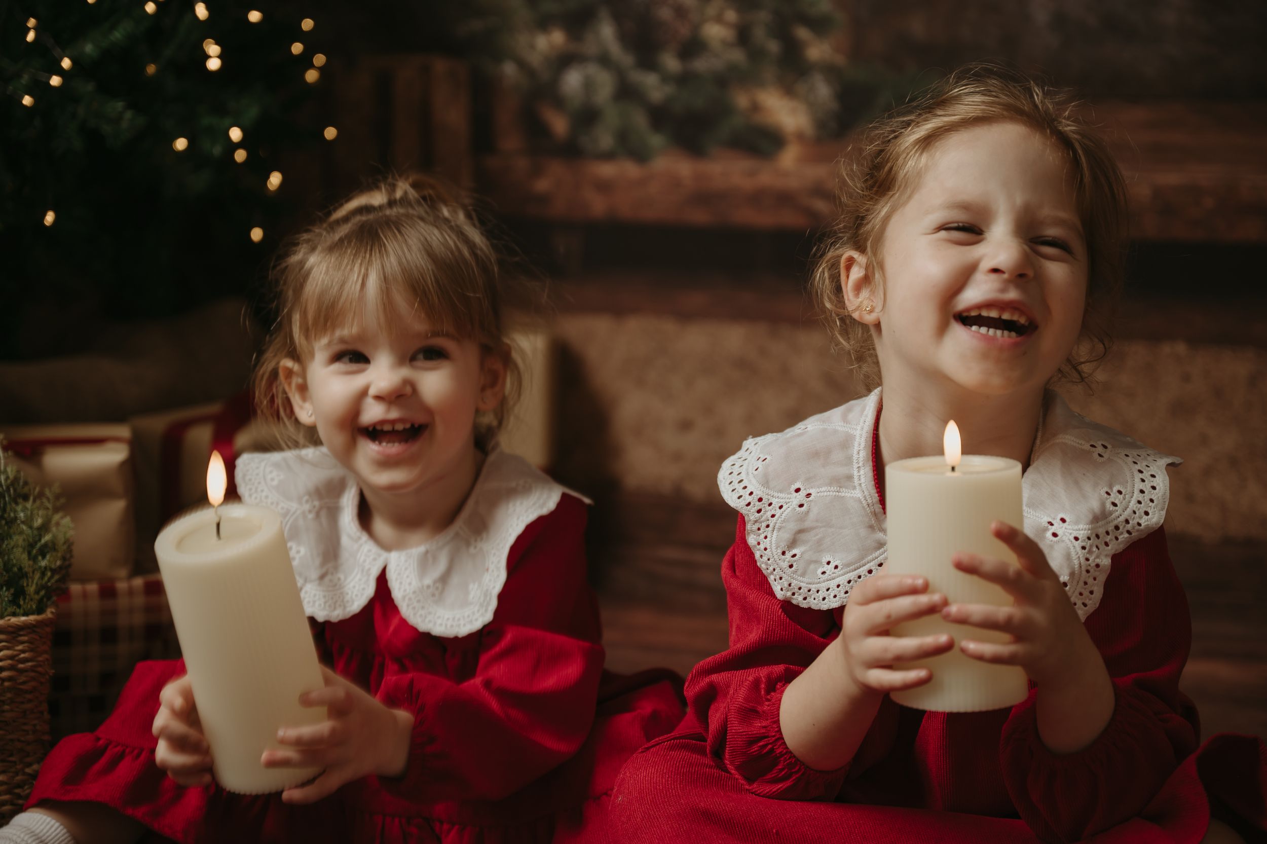 A series of photos showing a child in a red dress enjoying a warm beverage in a cozy holiday setting.