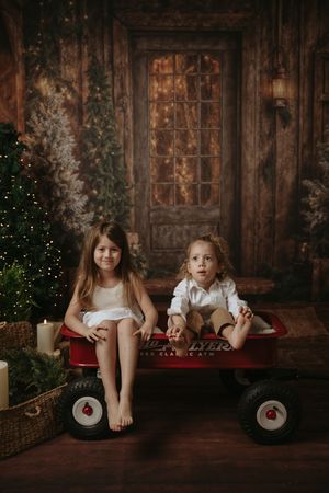 Rustic wooden backdrop with red wagon and Christmas decor creates a cozy holiday photo setting.