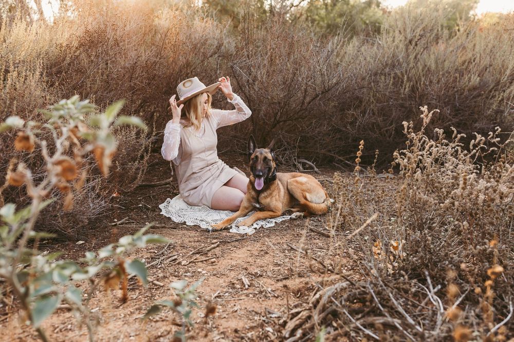 A person in a white dress sits with a German Shepherd dog in a rustic outdoor setting at sunset.