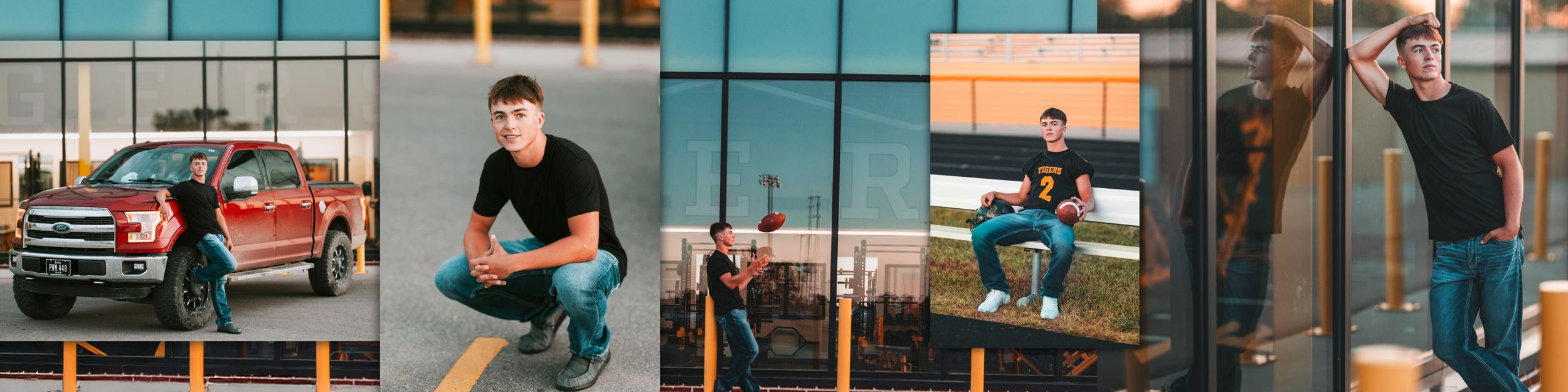 Person in black t-shirt and jeans sits casually in four connected lifestyle photos against modern building backdrop.