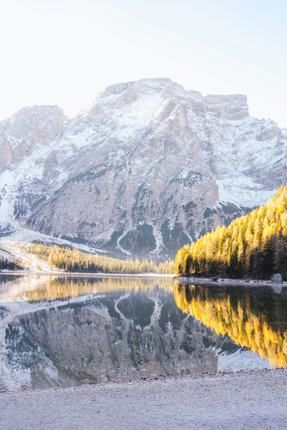 Snow-capped mountain peaks reflect perfectly in a calm alpine lake surrounded by golden autumn larches.