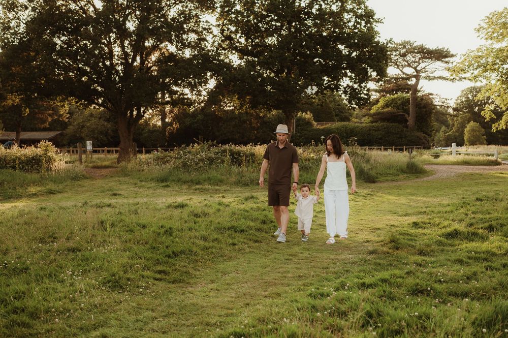 A set of seven landscape images showing two figures walking in a grassy field at sunset.