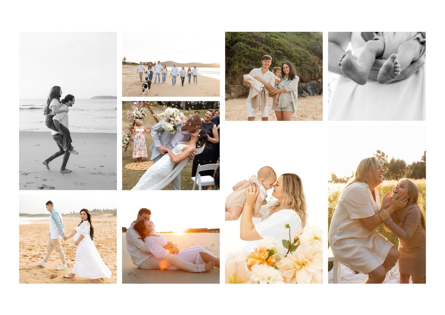 A collage of romantic beach photo sessions showing couples and bridal portraits at sunset in dreamy coastal settings.