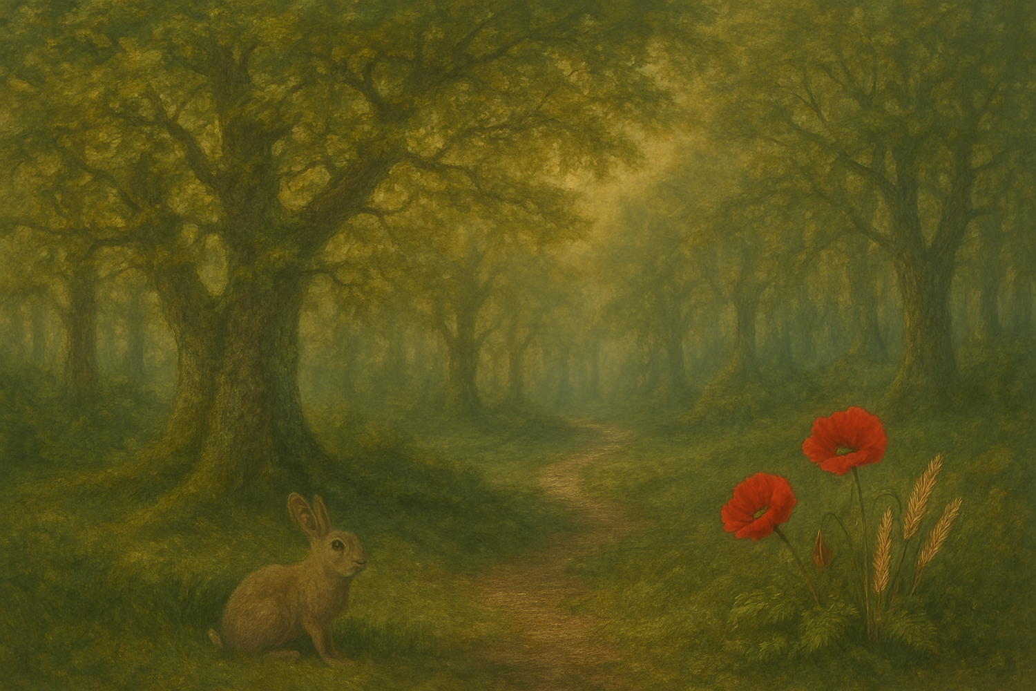 A brown rabbit sits in a misty forest path with tall trees and red poppies, bathed in ethereal golden light.