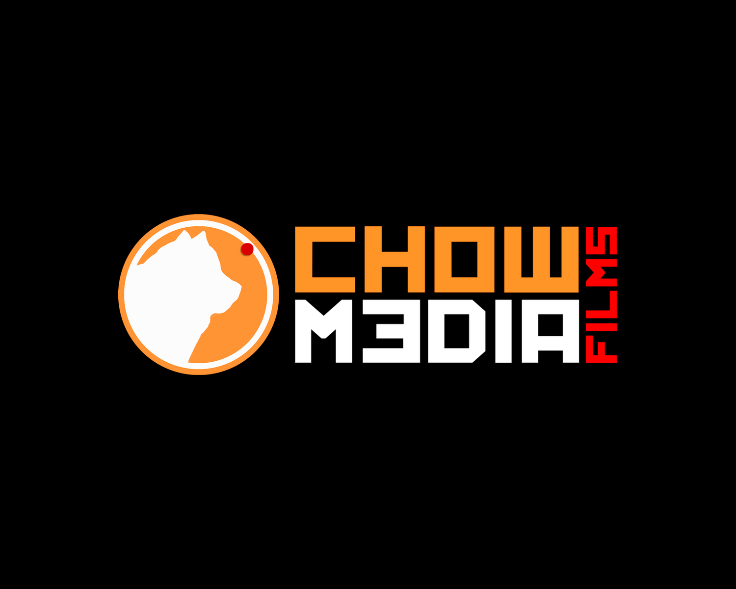 Chow Media Films logo featuring a white dog silhouette in an orange circle on black background.