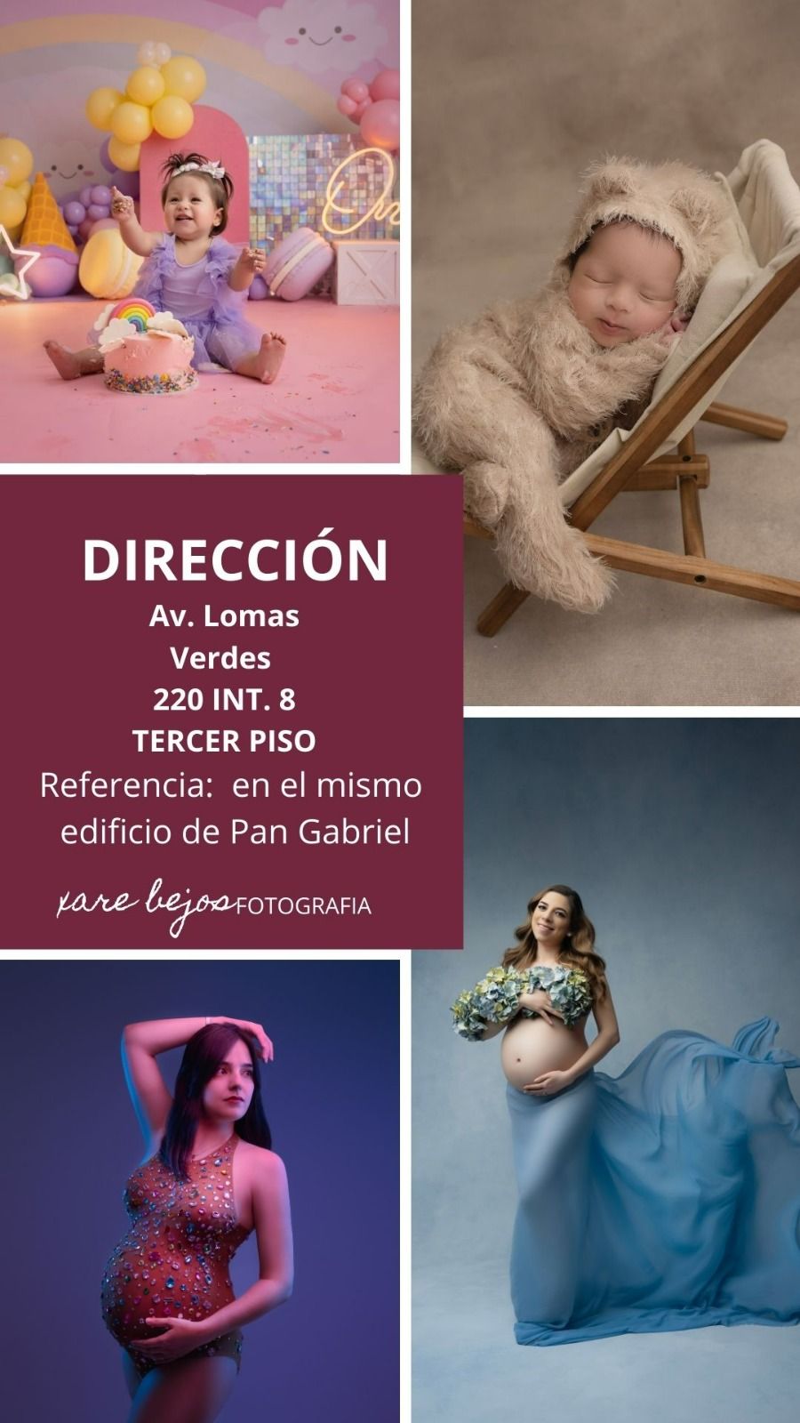 Photography studio portfolio collage showing maternity and newborn session examples.