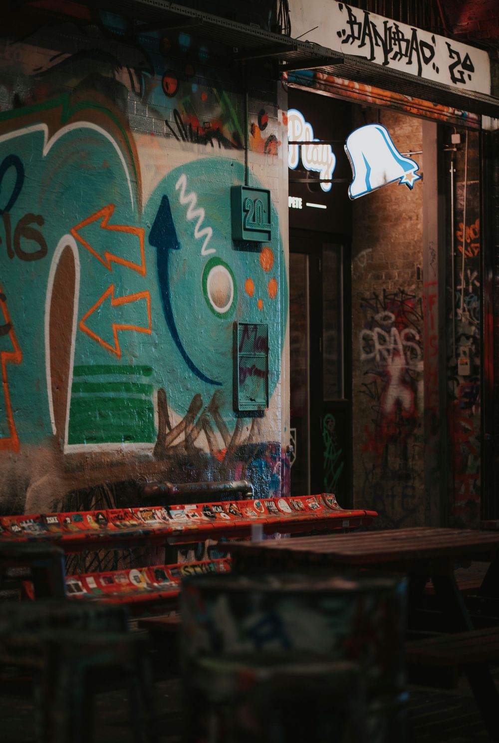 Colourful graffiti artwork in Leake Street Graffiti Tunnel, London captured by Shayla Bloom Photography